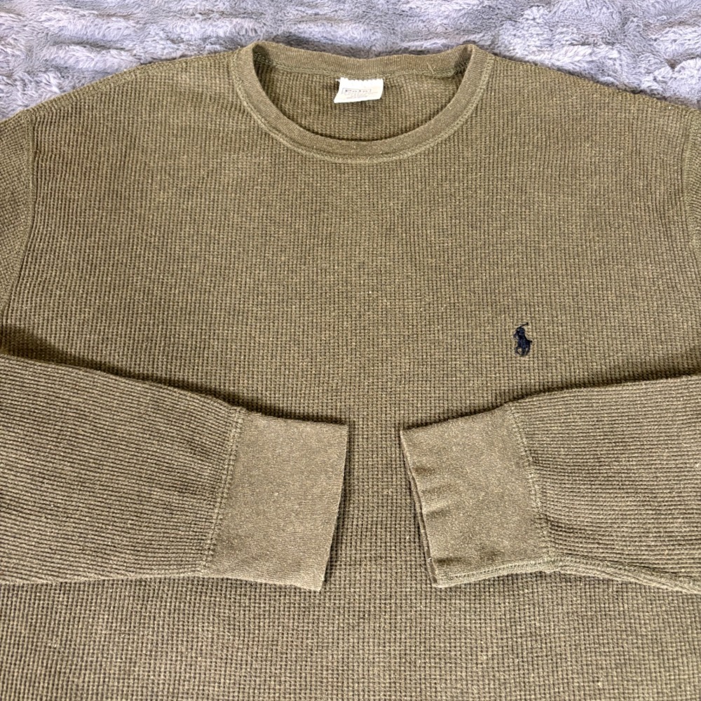 Polo Ralph Lauren Mens Large Olive Green Waffle Knit Thermal Long Sleeve Shirt